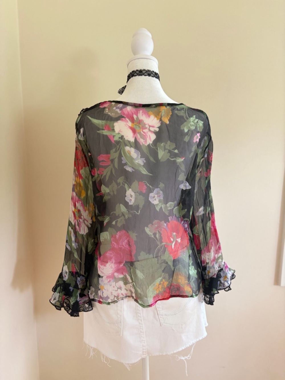 Vintage Y2K silk floral ruffle sheer black lace blouse fairy coquette whimsy M-L - Picture 10 of 12